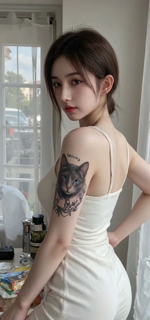 美女狼纹身手机壁纸｜白色裙背景图片 - 室内居家「哲风壁纸」