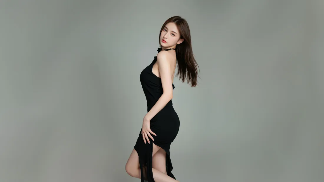 7k黑衣美女壁纸｜灰色背景图片 - 性感开叉裙「哲风壁纸」