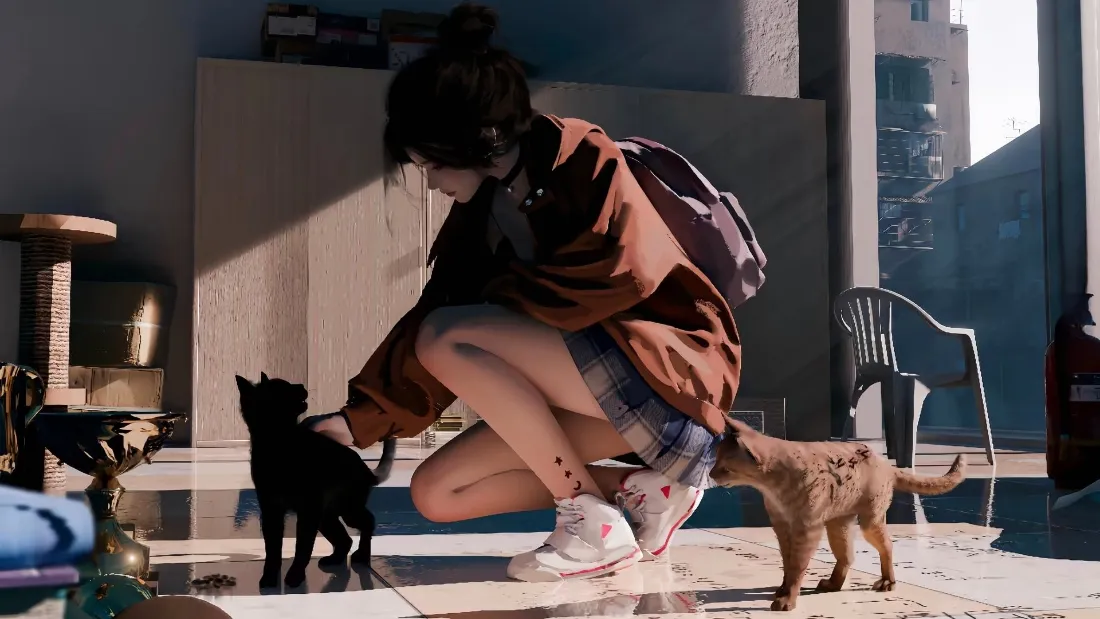 女孩猫咪互动手机壁纸｜现代背景图片 - 温暖日常「哲风壁纸」