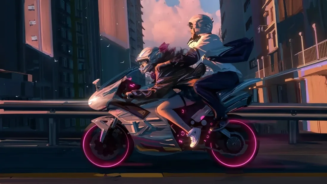 机车女孩手机壁纸｜赛博朋克城市背景 - 炫酷骑行「哲风壁纸」