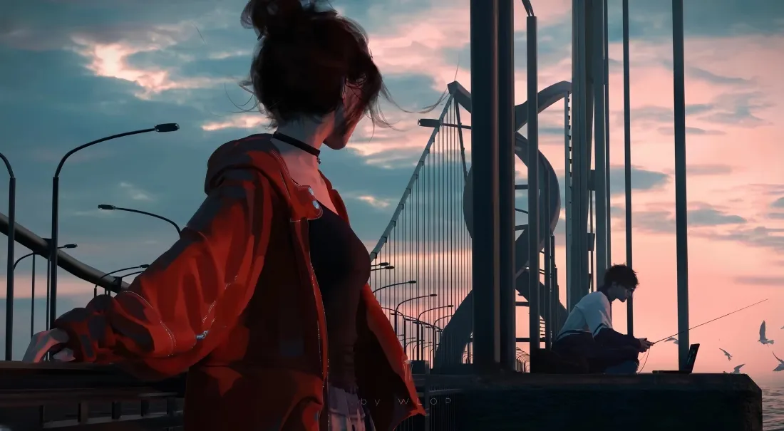 红衣女孩手机壁纸｜桥背景图片 - 黄昏天空「哲风壁纸」