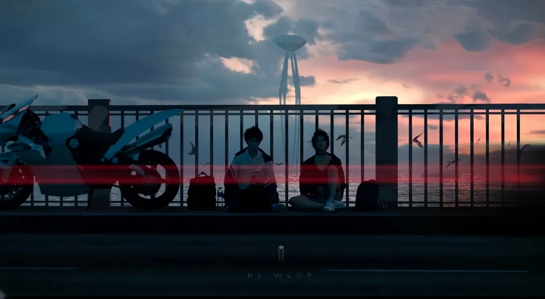 动漫人物手机壁纸｜黄昏天空背景图 - 摩托车女孩「哲风壁纸」