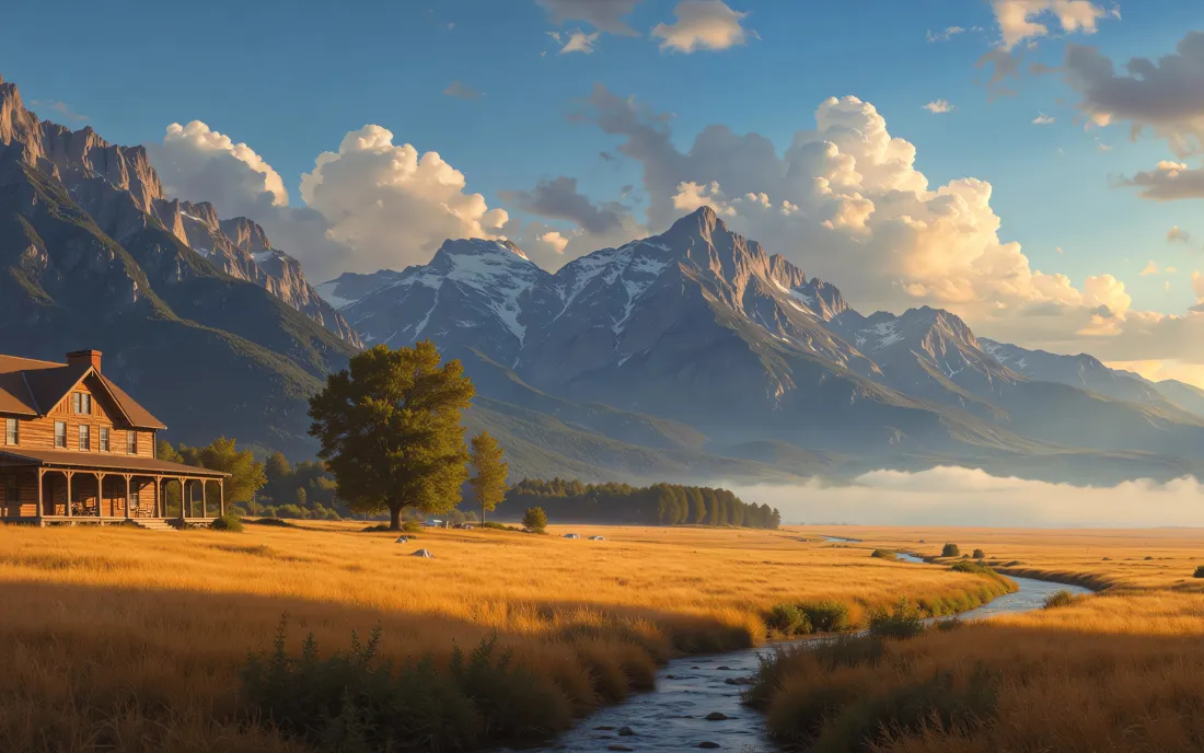 4k自然风景壁纸｜户外背景图 - 山脉小溪木屋草原「哲风壁纸」