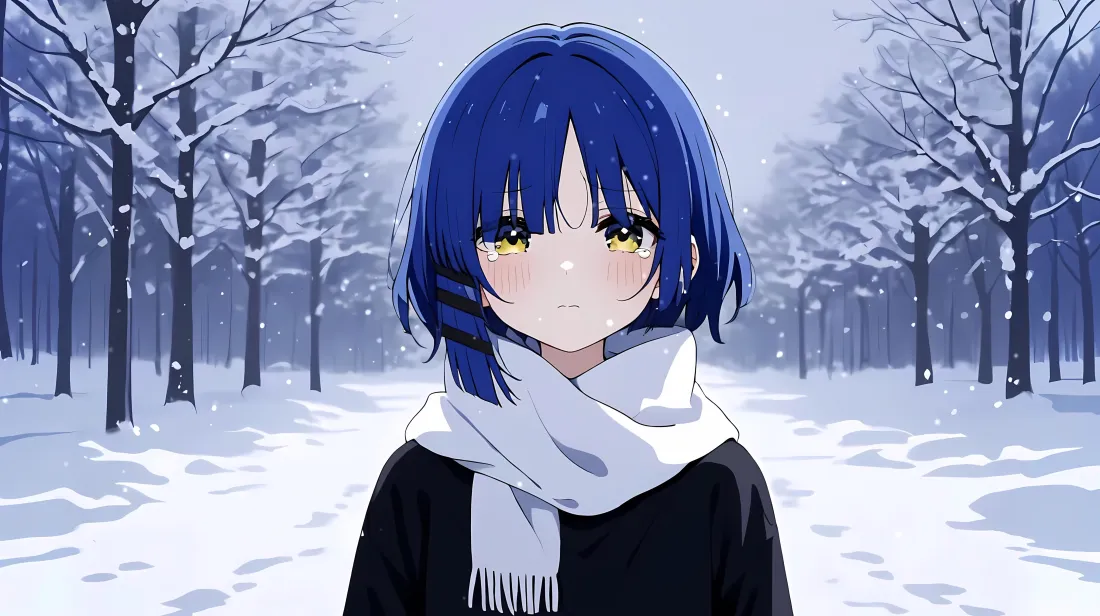 5k蓝发少女动漫壁纸｜雪景背景图片 - 围巾冬日树林「哲风壁纸」