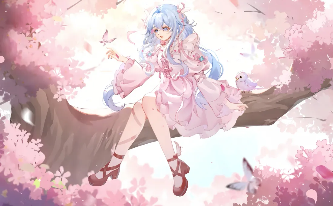 5k银发少女壁纸｜樱花背景图片 - 二次元场景「哲风壁纸」