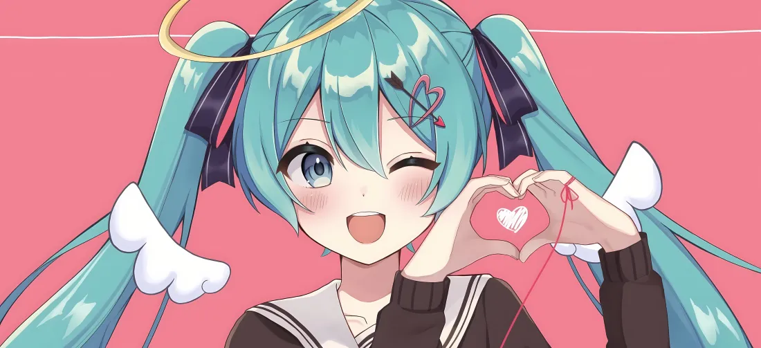 5k初音未来壁纸｜粉色背景图片 - 爱心双马尾眨眼「哲风壁纸」