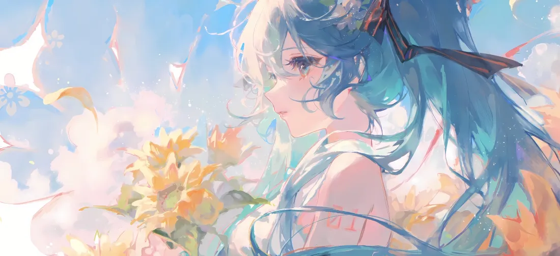 5k初音未来壁纸｜向日葵背景图片 - 蓝发少女「哲风壁纸」