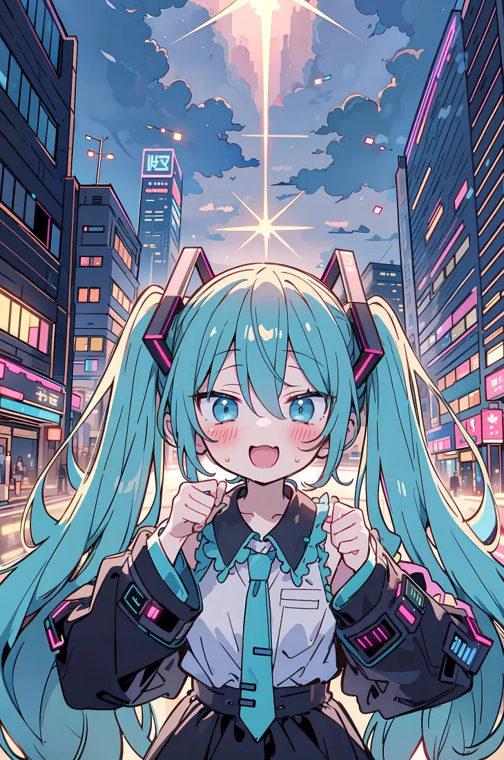 初音未来手机壁纸｜城市夜景背景图片 - 蓝发双马尾「哲风壁纸」