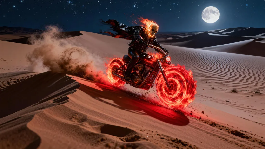 5k恶灵骑士壁纸｜沙漠月夜背景图片 - 火焰摩托「哲风壁纸」
