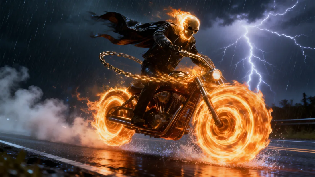 3k恶灵骑士壁纸｜火焰摩托背景图片 - 审判闪电雨夜「哲风壁纸」