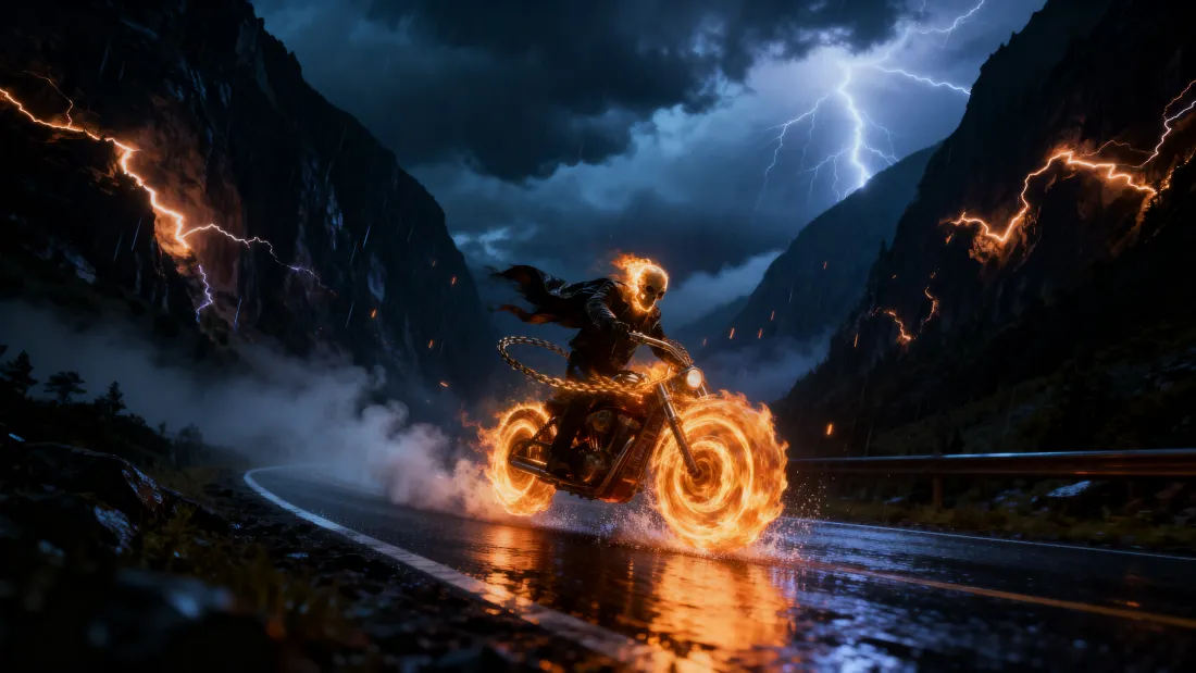 5k恶灵骑士壁纸｜雨夜闪电背景 - 火焰摩托「哲风壁纸」