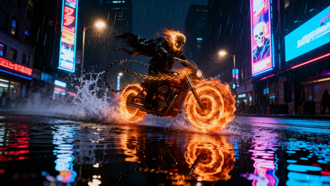 5k恶灵骑士壁纸｜火焰摩托背景图 - 城市雨夜审判「哲风壁纸」