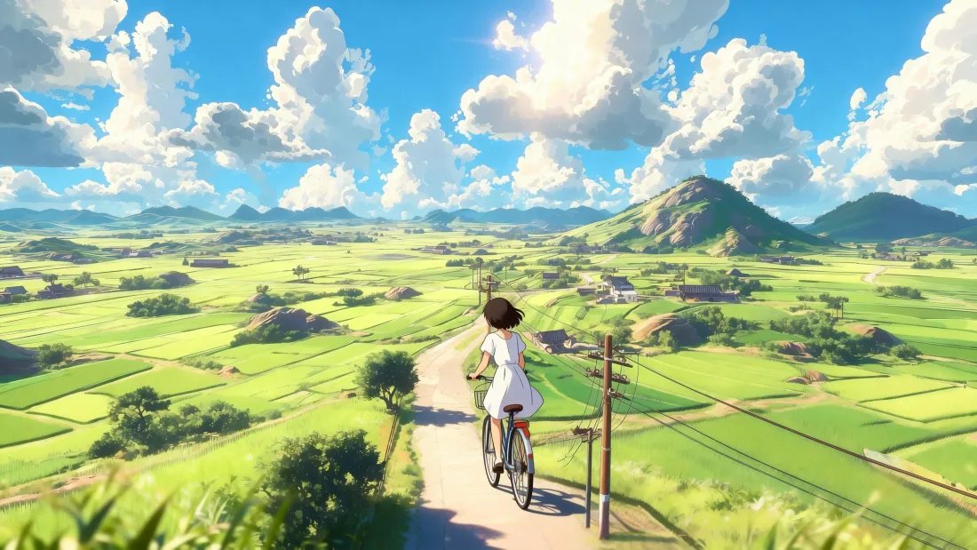 5k动漫少女壁纸｜田园风景背景图片 - 阳光骑行「哲风壁纸」