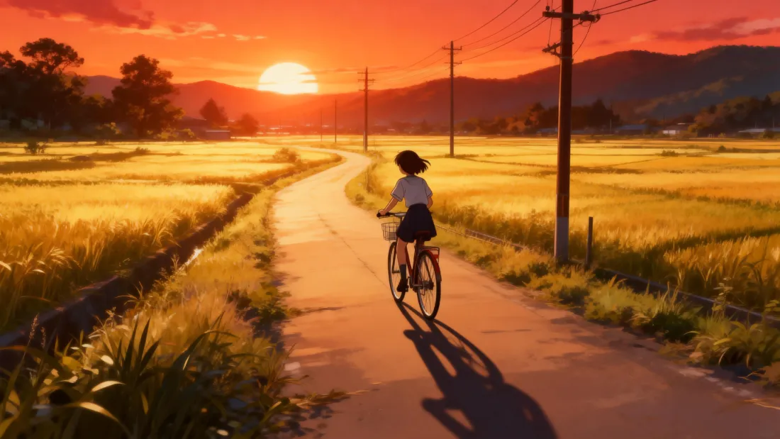5k自行车少女壁纸｜日落背景图片 - 乡间田野骑行「哲风壁纸」