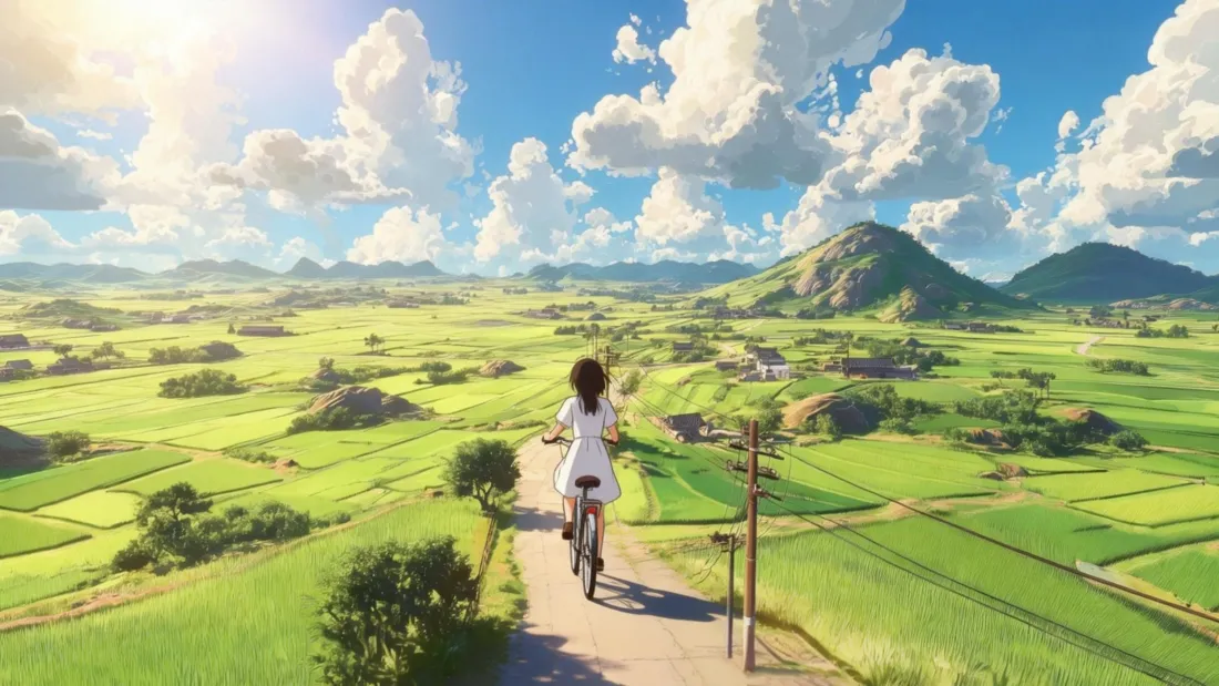 3k单车少女壁纸｜乡间小路背景图 - 绿色田野风景「哲风壁纸」