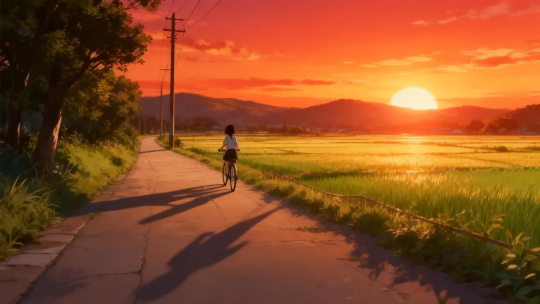 3k乡间日落壁纸｜田野小路背景图片 - 单车骑行黄昏「哲风壁纸」