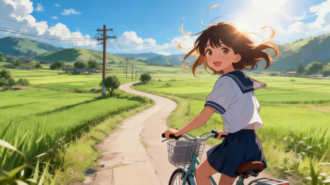 3k单车少女壁纸｜田野背景 - 笑容动漫少女「哲风壁纸」