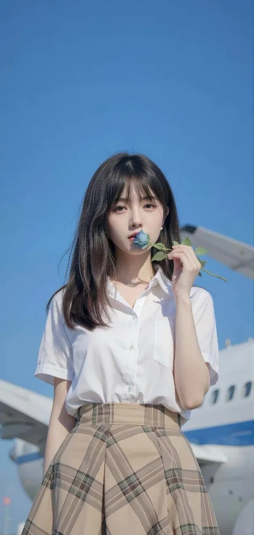 长发美女手机壁纸｜蓝天飞机背景图片 - 校园风少女「哲风壁纸」
