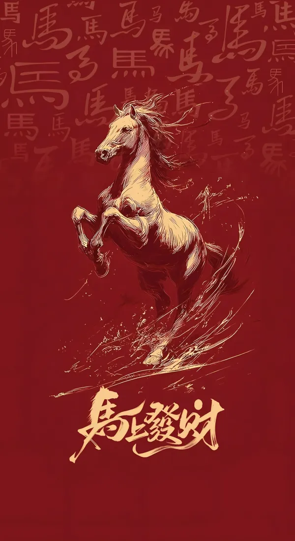 骏马手机壁纸｜红色背景图片 - 马年喜庆书法「哲风壁纸」