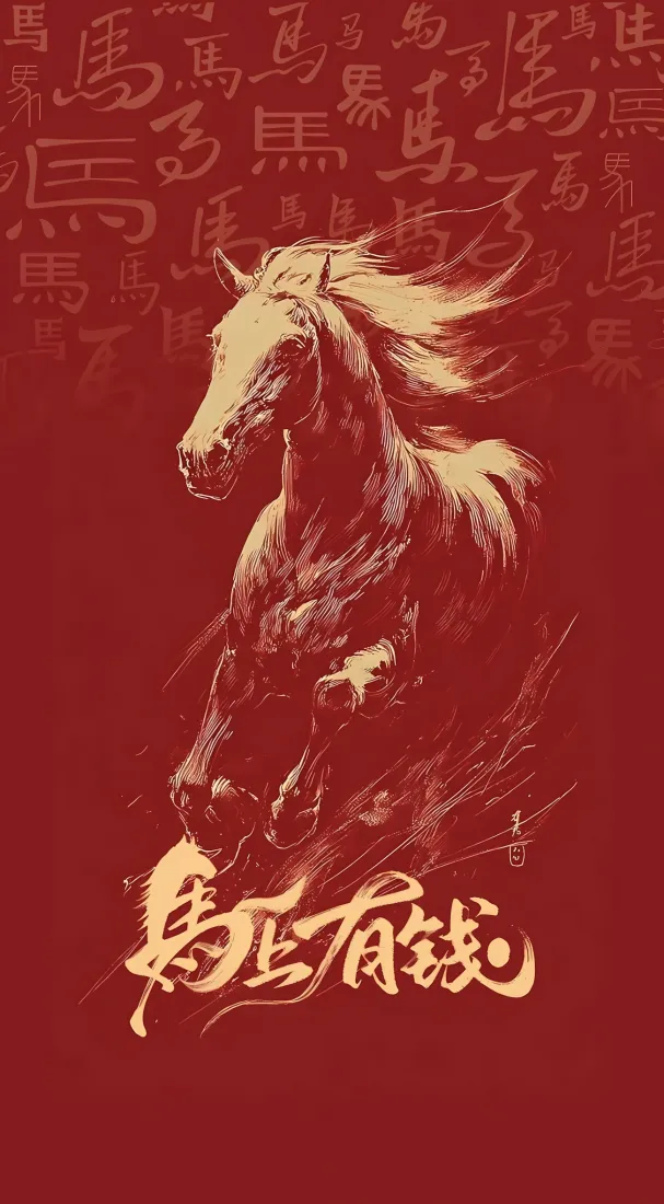 马年骏马手机壁纸｜红色背景图 - 书法艺术「哲风壁纸」