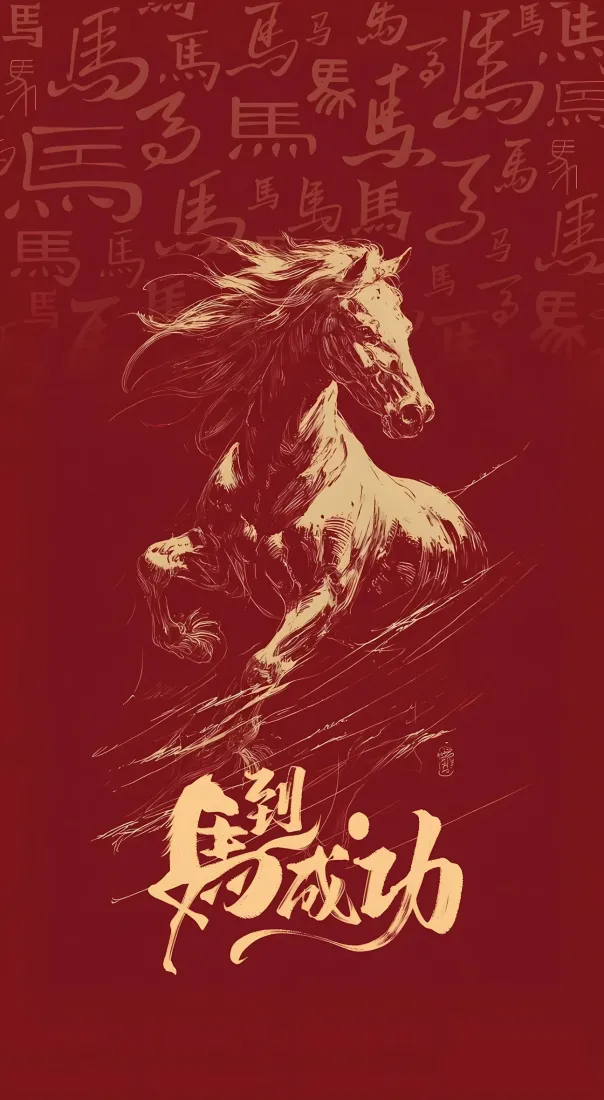 马到成功金色马手机壁纸｜红色背景 - 马年喜庆「哲风壁纸」
