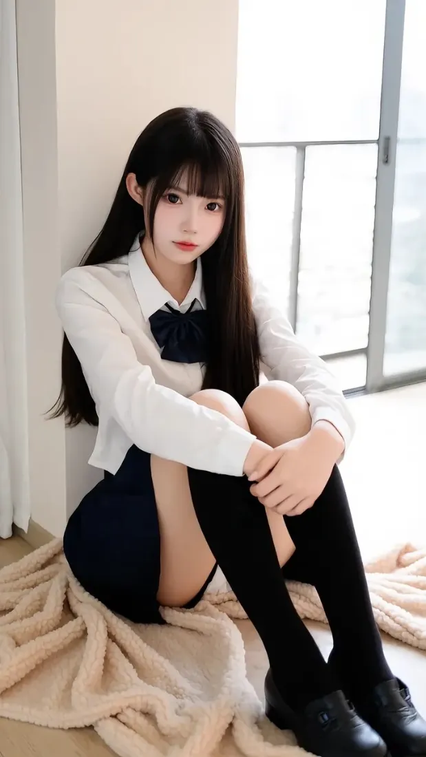 JK美女手机壁纸｜室内背景图片 - 黑丝校服少女「哲风壁纸」