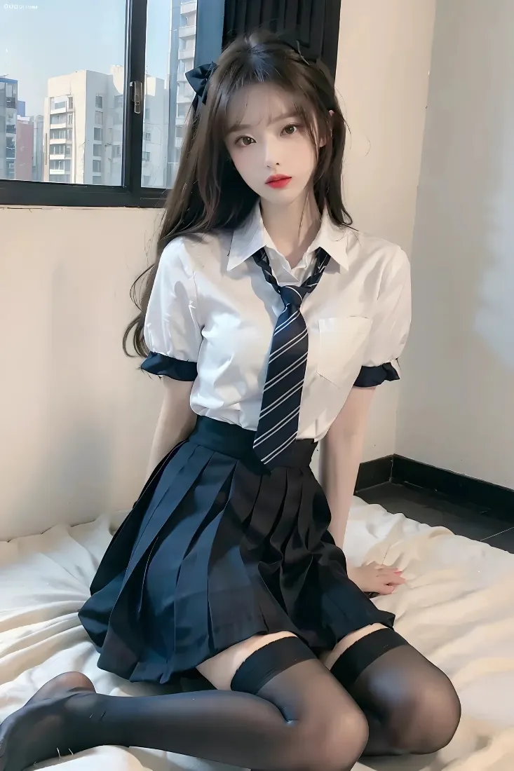 校服美女手机壁纸｜室内城市背景图片 - 黑丝百褶裙「哲风壁纸」