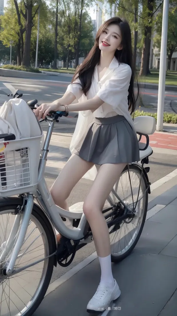 白衣美女手机壁纸｜户外街道背景图 - 清新骑行短裙「哲风壁纸」