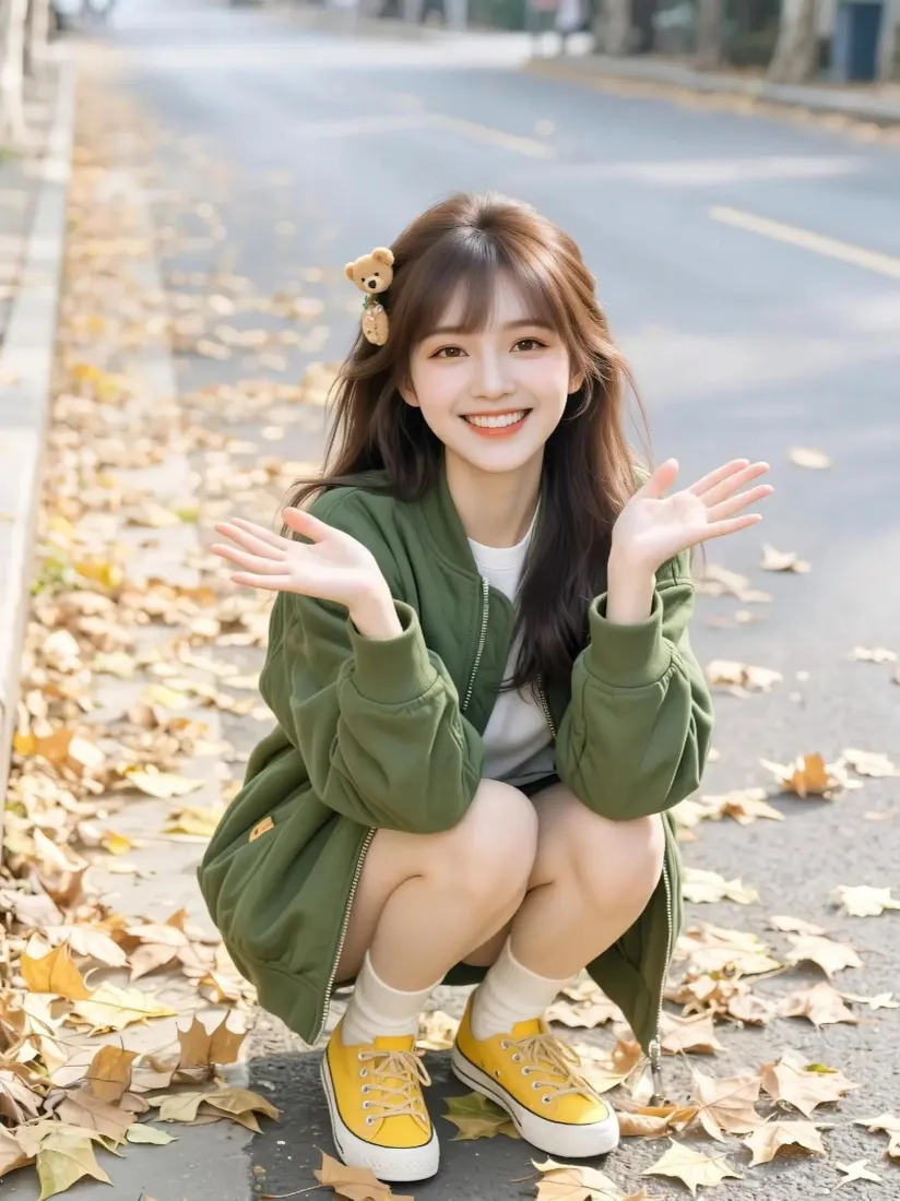 女孩手机壁纸｜落叶街道背景图 - 清新秋景甜美穿搭「哲风壁纸」