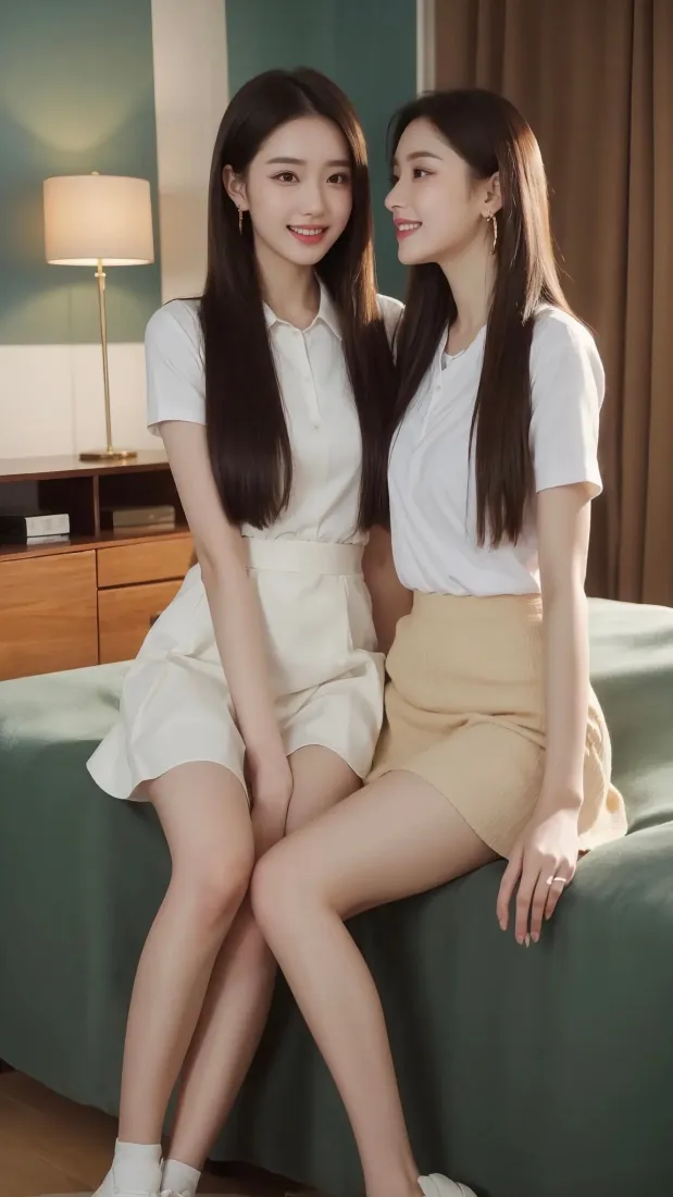 双胞胎美女手机壁纸｜室内背景图片 - 白上衣短裙「哲风壁纸」