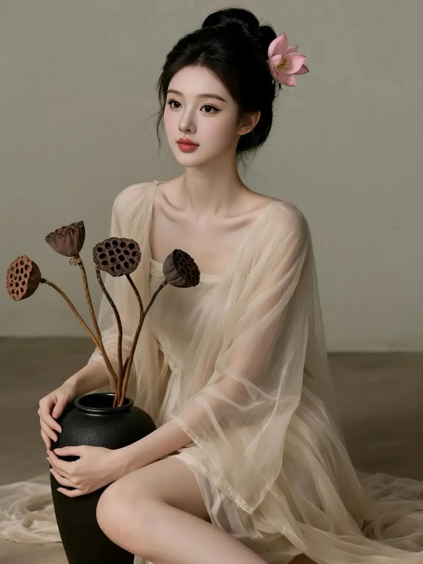 古风美女手机壁纸｜薄纱裙背景图片 - 莲蓬花瓶「哲风壁纸」