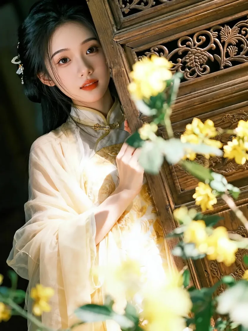 古典美女手机壁纸｜古风雕花木门背景 - 古装旗袍花卉「哲风壁纸」