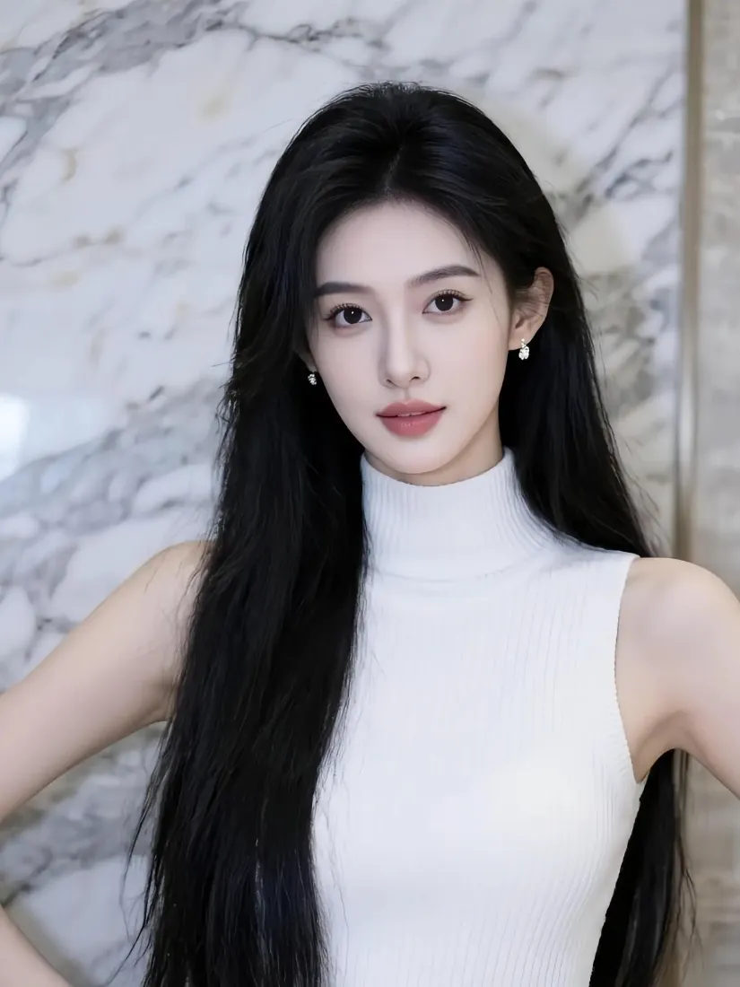 美女手机壁纸｜大理石背景图片 - 白色高领无袖「哲风壁纸」