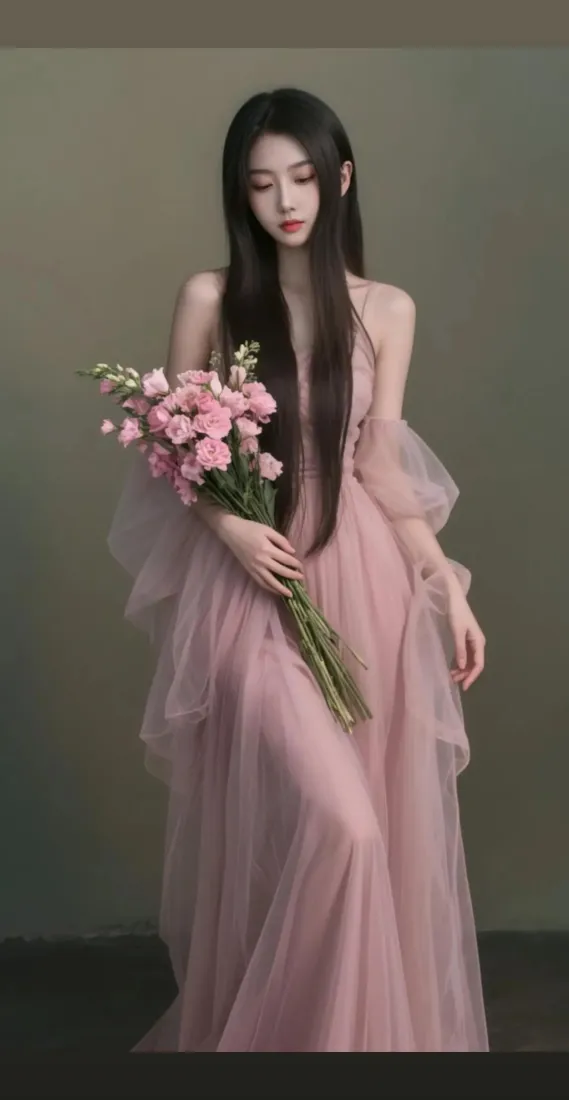 长发美女手机壁纸｜粉色花束背景 - 古典优雅纱裙「哲风壁纸」
