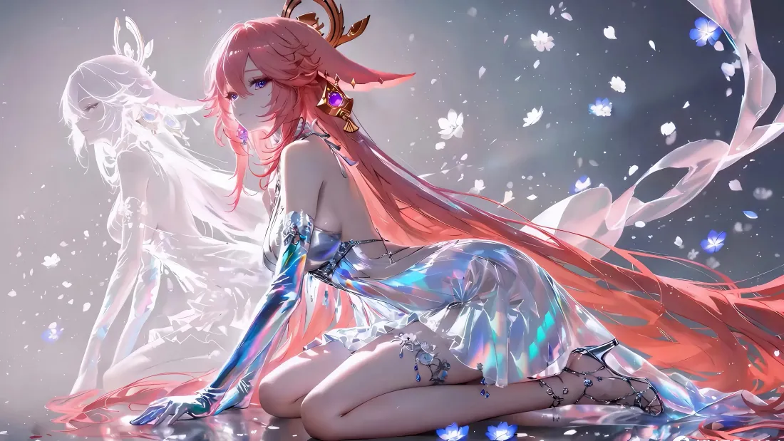 5k粉色长发精灵壁纸｜花瓣背景 - 二次元精灵「哲风壁纸」