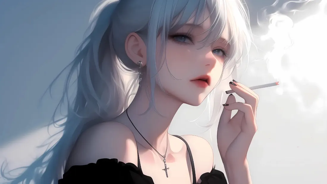 2k动漫女孩抽烟壁纸｜浅蓝背景图片 - 白发黑裙「哲风壁纸」