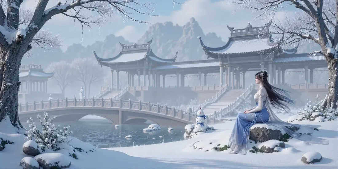 2k古装女子壁纸｜雪景背景图片 - 中式建筑「哲风壁纸」