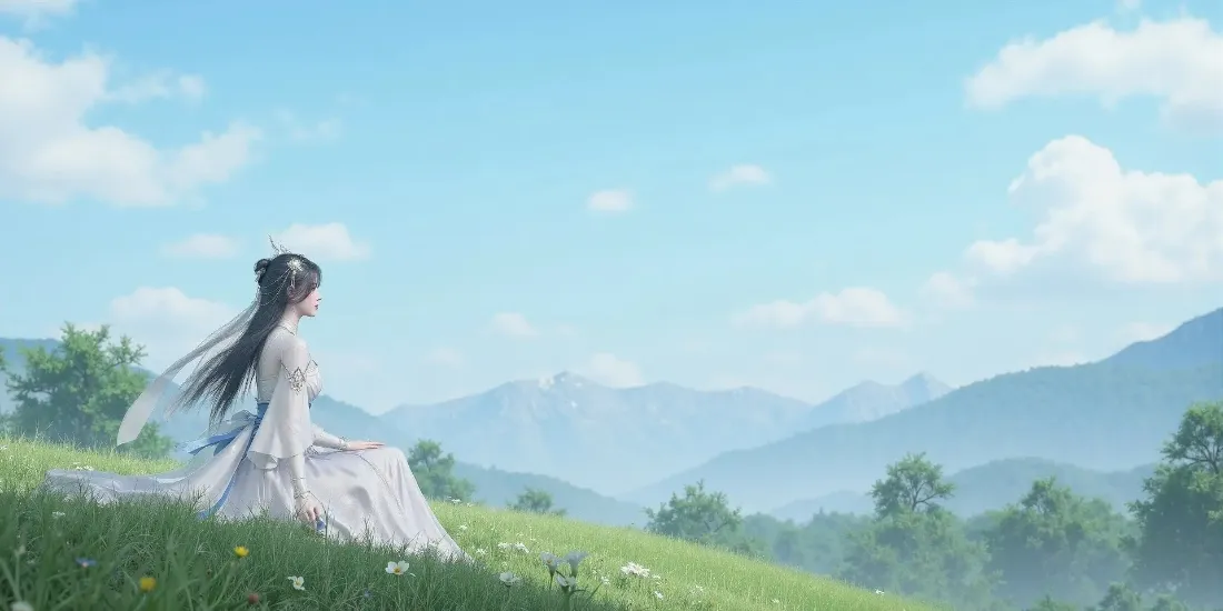 2k古风女子壁纸｜草地背景图片 - 蓝天山峦绿树「哲风壁纸」