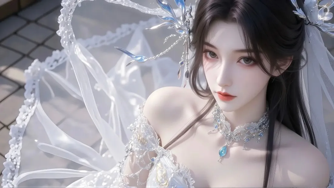 2k古风美女壁纸｜白衣纱裙背景图片 - 砖石地面「哲风壁纸」