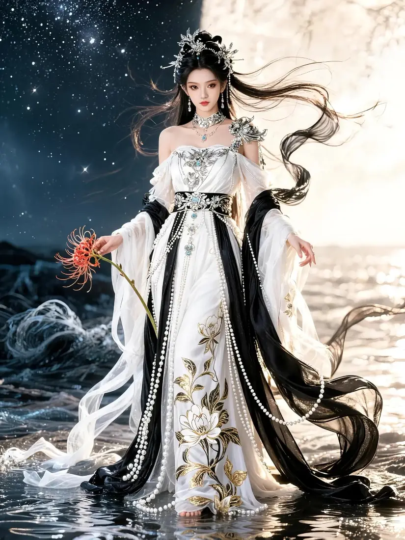 古风美女手机壁纸｜星空背景图 - 彼岸花白衣长裙「哲风壁纸」