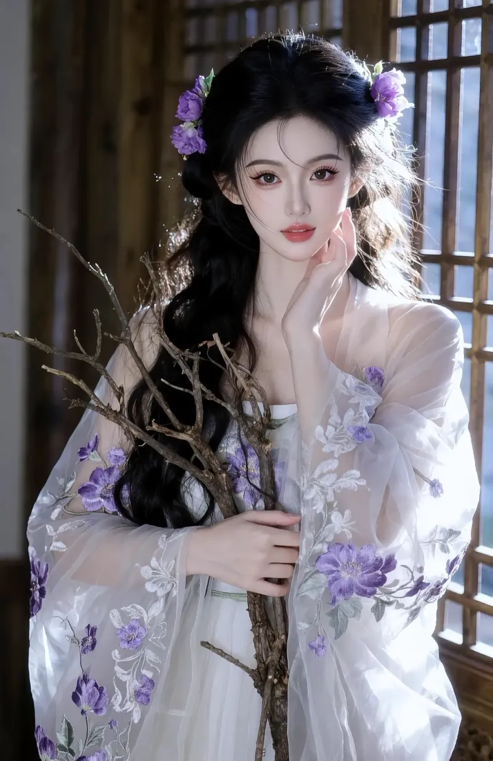 古风美女手机壁纸｜汉服背景图片 - 紫色花朵「哲风壁纸」
