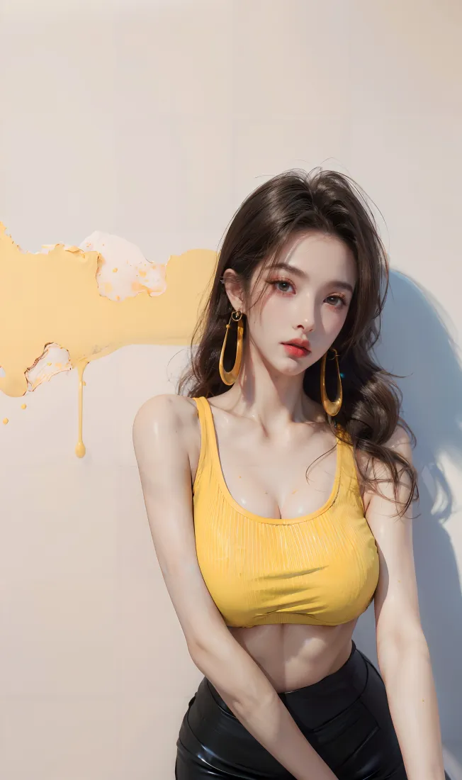 黄色背心美女手机壁纸｜涂鸦背景图片 - 黑色皮裤穿搭「哲风壁纸」