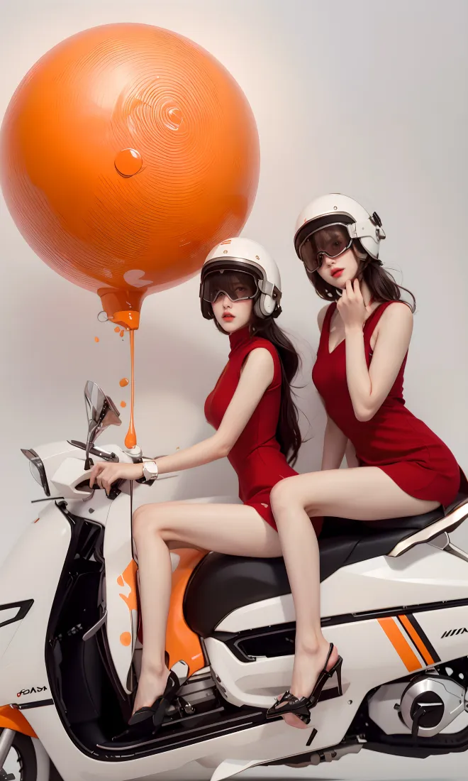 红衣美女手机壁纸｜白色背景图 - 橙色气球 双人「哲风壁纸」