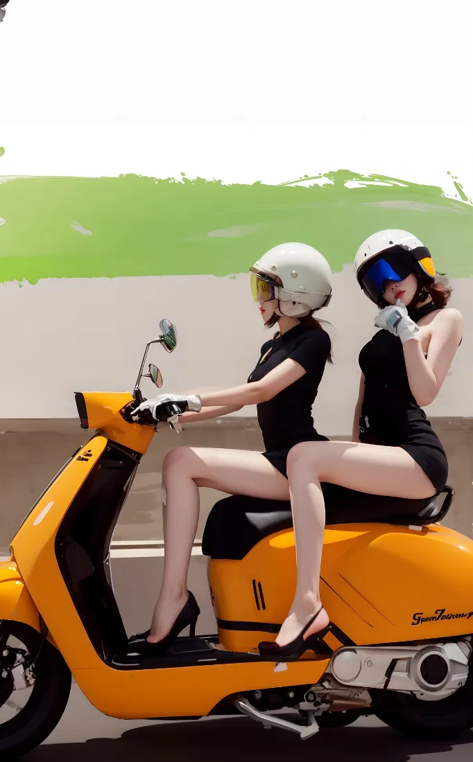 AA美女手机壁纸｜黄色摩托背景 - 双性感黑衣美女「哲风壁纸」