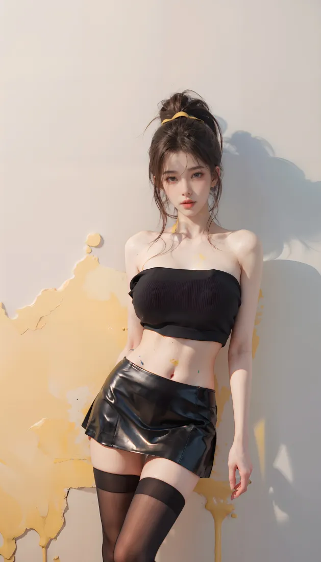 黑衣美女手机壁纸｜黄色泼墨背景图片 - 性感穿搭「哲风壁纸」