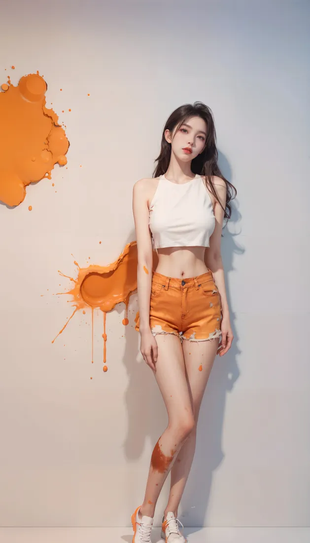 时尚美女手机壁纸｜橙色泼墨背景图片 - 白色上衣「哲风壁纸」