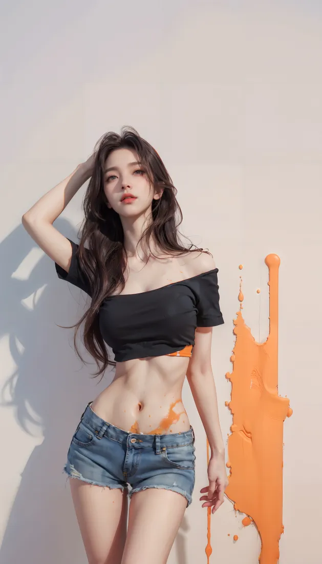 黑衣美女手机壁纸｜简约墙面背景图片 - 橙色颜料「哲风壁纸」