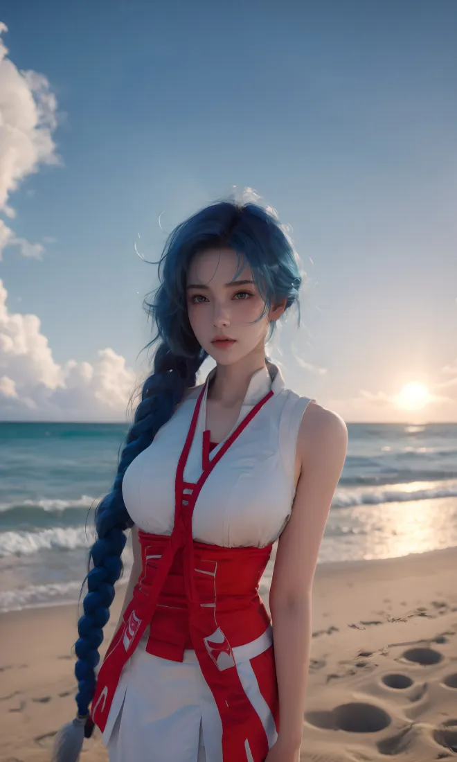 （蓝发女子手机壁纸｜海边背景图片 - 夕阳海浪）「哲风壁纸」