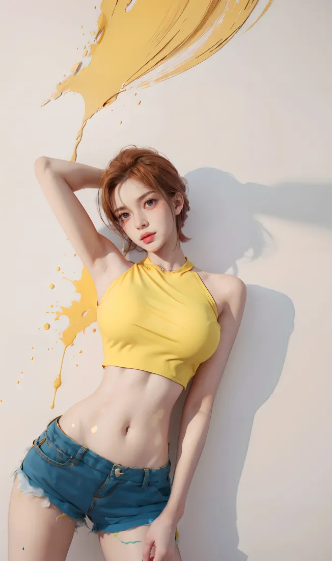 黄衣美女手机壁纸｜黄色颜料背景图片 - 性感迷人AIME「哲风壁纸」