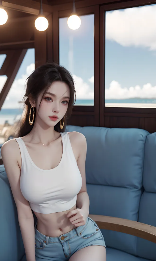 美女手机壁纸｜蓝色沙发背景图 - 夏日休闲穿搭「哲风壁纸」